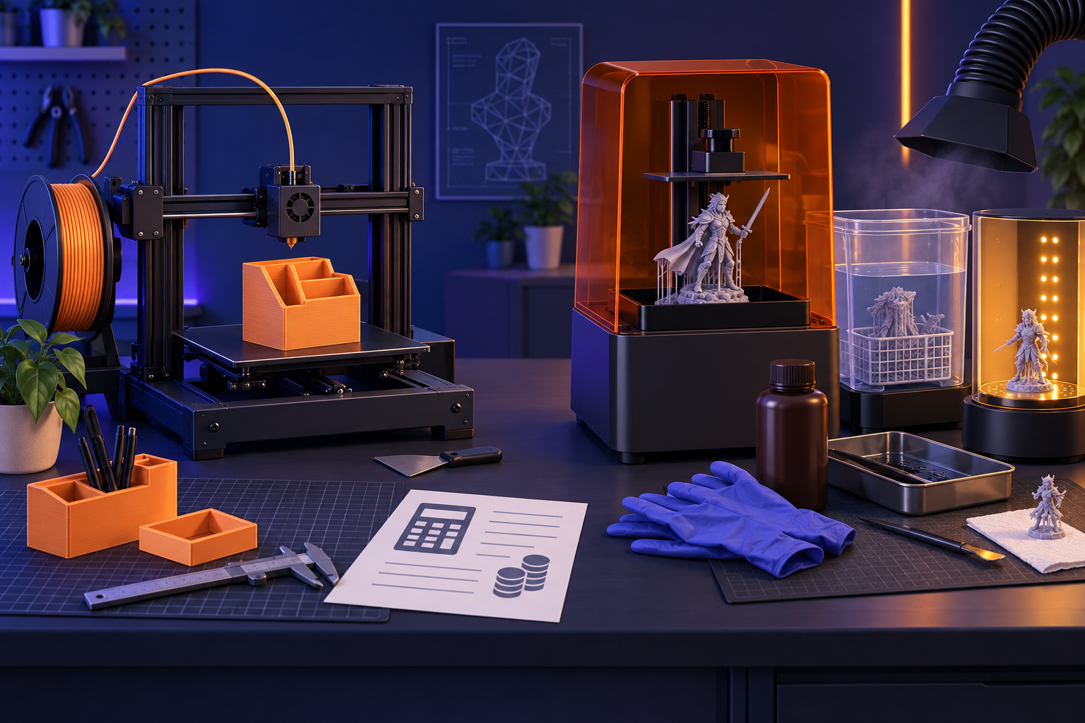FDM方式と光造形方式の3Dプリンター、後処理用品を並べた作業机